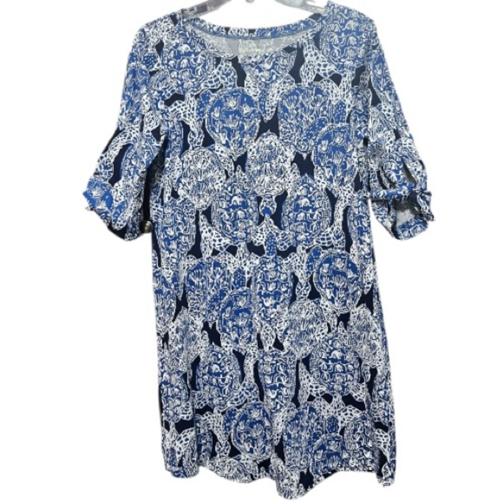Lilly Pulitzer Preston in Deep Indigo Turtle, Navy, White 3/4 Tie Sleeves size M - Picture 3 of 9